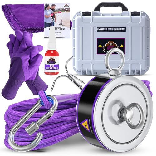 Doppelseitiges Magnet-Angelset mit Hülle, starker Magnet zum Magnetfischen, 1,179 kg, Neodym-Magnet für hohe Beanspruchung, inklusive einem haltbaren 19,8 m langen Seil und Karabiner, Handschuhe und Etui
