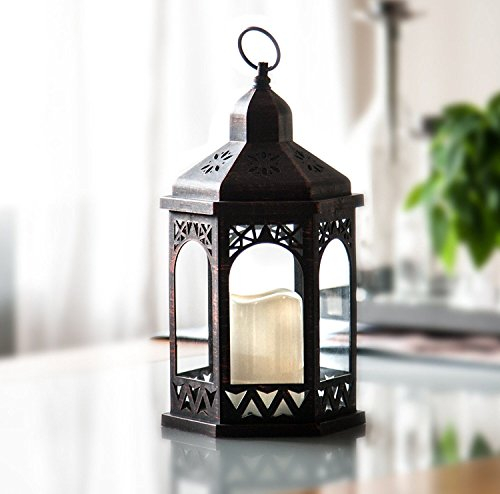 LED Laterne mit Fernbedienung,12 Farben einstellbar, 4 & 8 Std. Timer, 38 cm Höhe, Antik Design. Hängend oder stehend nutzbar, mit integrierter LED Kerze