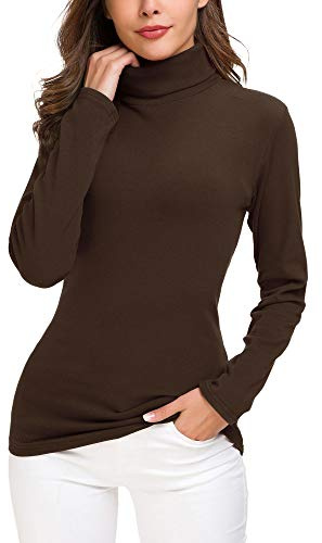 EXCHIC Women’s Slim Fit Turtleneck Pullover Solid Long Sleeve Stretchy Sweatshirt (S, Coffee)