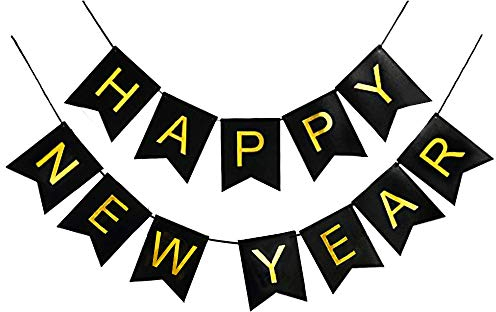 Oblique Unique® Happy New Year Wimpel Girlande Banner Wimpelkette Hängedeko für Silvester Neujahr Party Feier Deko Schwarz Gold