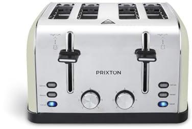 PRIXTON Grille-pain à 4 fentes extra-larges Bianca, Puissance 1900 Watt, 7 Niveaux de brunissage, décongélation et réchauffe, Surélévation, Design Vintage en Acier Inoxydable