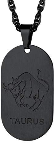 Richsteel Taurus Dog Tag Pendant Necklace Black, Present For Friend, BFF Gift, Black Plated Stainless Steel Constellation Jewellery Tauren Zodiac Sign Necklace Chain For Boys