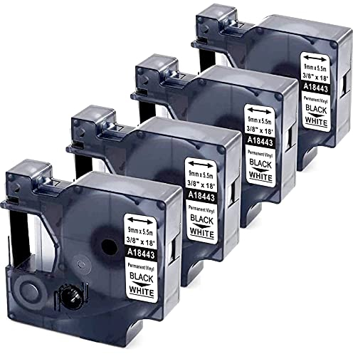 MarkField kompatible Schriftband als Ersatz für Dymo 18443 Rhino Industrie-Vinyletiketten Selbstklebendes Band kompatibel für Dymo Rhino 5200, 4200, 6000, 9mm x 5,5 m, schwarz auf weiß