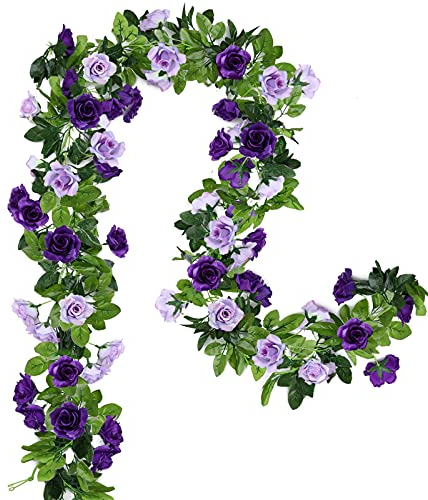 Floweroyal 2 Stück Blumengirlande Hochzeit Künstliche Blätter Girlande Rosengirlande 15.8FT Gefälschte Rosenranken Seidenblumen Hängend für Hochzeitsbogen Party Heim Garten Mauer Dekor (Violett)