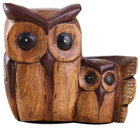 Uziqueif Deko Figur Eule braun aus Teak Holz, Deko Eulen Figuren Wohnung Wohnzimmer Weihnachten Küche, Eulen Geschenke Deko, Holzfigur Uhu Kunsthandwerk aus handgefertigt,Owl b