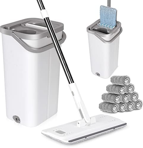 MASTERTOP Balai Plat Microfibre 140cm et Seau Essoreur, Serpillière Rotative 360° et Seau Auto-Lavage, Vadrouille de Mains Libre pour Nettoyage de Sol Lisse avec 5 Tampons Réutilisables (Blanc)