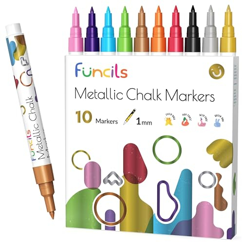 Funcils Kreidestifte für Tafel Abwaschbar | 10 Metallic Stifte 1mm Extra Feine Spitze | Kreide Stift für Fenster, Tafel, Whiteboard & als Glasstift. Chalk markers für Erwachsene & Kinder