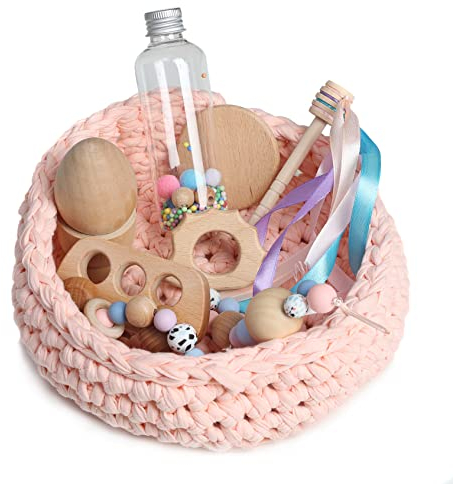 Cesto tesoros bebé. Cesto sensorial bebé. Juego estimulación sensorial Montessori para bebés entre 4 y 18 meses. ¡Más que un juego para el aprendizaje de tu bebé! COLOR ROSA