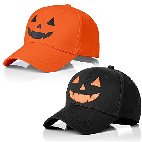 MYBOLE Baseballmütze für Halloween, Unisex, Stickerei, Baseballkappe, Halloween, Kürbisgesicht, Baseballmütze, verstellbar, lustig, Partyhüte, Schwarz / Orange, 2 Stück, Schwarz / Orange, 4-5 1/8