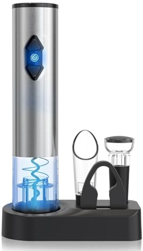 CIRCLE JOY 5-in-1 Wine Opener Set Electric Stainless Steel Automatic Bottle Opener with Storage Base, Battery Operated, Foil Cutter, Wine Aerator Pourer, Vacuum Stopper, Silver
