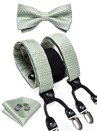 DiBanGu Paisleymuster Fliege und Hosenträger für Herren, strapazierfähig, mit Clip, verstellbar, elastisch, Y-Rücken, Herren-Hosenträger, Salbeigrün, Einheitsgröße