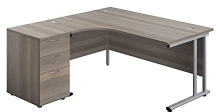 Office Hippo Heavy Duty Left Corner Radial Desk With 3 Drawer High Storage, Home Office PC Filing, 5 Yr Wty, MFC- Grey Oak, Silver Frame