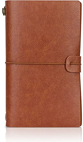 Songaa Travelers Journal Notebook, PU Leather A6 Pocket Notebook Refillable Inserts Vintage Writing Travel Diary Planner with PVC Pockets and Lined Blank Paper Brown