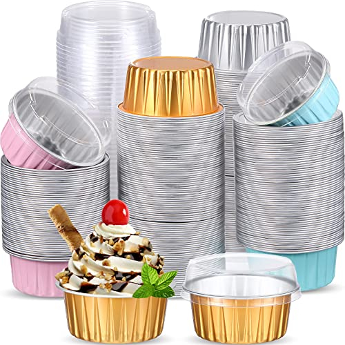 150 Pcs Cupcake Liners with Lids 5 oz Aluminum Foil Cupcake Baking Cups Disposable Ramekins Muffin Cups Mini Aluminum Pans with Lids Cupcake Holder for Creme Brulee or Cupcake(Gold Silver Pink Blue)