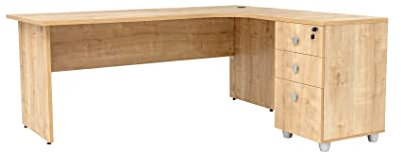 furni24 Schreibtisch Winkelschreibtisch, Eckschreibtisch, Moderner Bürotisch Computertisch mit großer Arbeitsfläche, Holzbeinen, Bürotisch,PC Tisch, Dona Eiche inkl.Beistellcontainer rechts gewinkelt