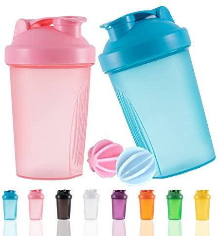 YAYAYOUNG Protein Shaker Flasche 400 ml Auslaufsicher, BPA Frei, Eiweiß Shaker für Supplement Shakes mit Sieb & Skala, Fitness Mixer für cremige Whey Proteinpulver Shakes, (Blau+Rosa(2PCS)