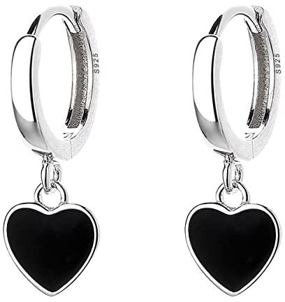 SLUYNZ Sterling Silver Black Heart Hoop Earrings for Women Teen Girls Love Heart Earrings Huggie Hoop Earrings Dangle (A-Silver)