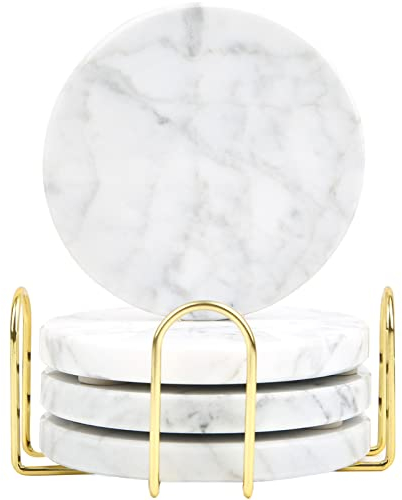 TransMarble Untersetzer für Getränke mit Metallhalter aus ausgewähltem Naturmarmor als luxuriöse Wohnkultur-Geschenke (Set mit 4 Stück) (Rund, Carrara Weiß)