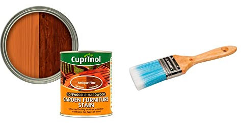 Cuprinol 5158526 Garden Furniture Stain Exterior Woodcare, Antique Pine,750ML & Silverline Synthetic Paint Brush 50mm / 2 (367969)
