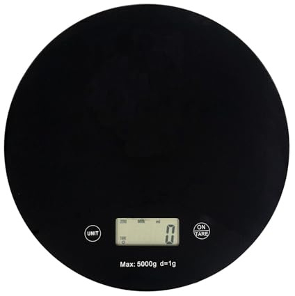 Intirilife Küchenwaage Digitale runde Lebensmittelwaage mit LCD Display in Schwarz aus Glas und ABS-Kunststoff - Max. 5 Kg - 20 x 1.6 cm - Elektronische Haushaltsware inklusive Batterien
