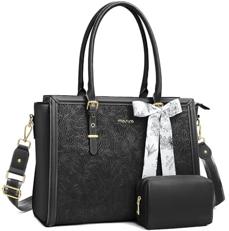 MOSISO Maletin Portatil de Mujer, 17,3 Pulgadas PU Piel Bolsa Compatible con MacBook,HP,Dell,Asus Notebook,Frente Relieve Retro Hibiscus Oficina Ordenador Bolsa con Seda Pañuelo&Monedero,Negro