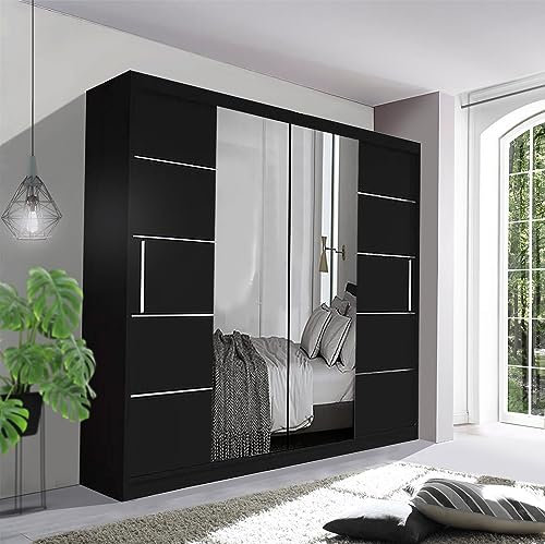 Track-D Modern Bedroom Sliding Wardrobe - Ample Storage Space and Sleek Design comes in White/Grey/Black/Oak and Width 150cm/180cm/203cm/250cm (Black, 203cm)