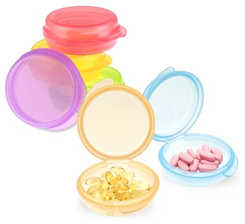 Prasacco 6 Stück Pillendose, 6 Farben Mini-Pillendose Kleine Pillen-Organizer-Box Tragbare Reise-Pillendose Runde Aufbewahrungsbox für Pillen, Vitamin, Leberöl, Süßigkeiten (4 x 4 x 1,5 cm)