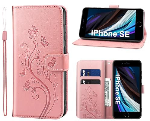 KRAFTCARE Handyhülle für iPhone SE 2020/2022 Hülle, für iPhone 8/7 Hülle mit Kartenfach Geld Slot Ständer Magnetic Closure, Flip Case Leder Schutzhülle Tasche Handyhülle für iPhone 8/7/SE Hülle,Rosa