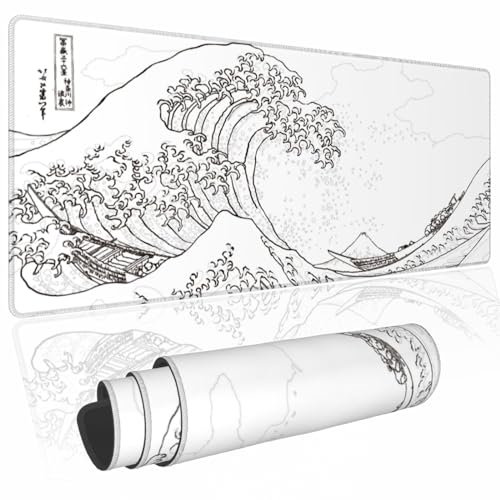 NIAEIAIE Kanagawa Grand Tapis de Souris de Jeu Japonais avec Base en Caoutchouc antidérapant de 3 mm d'épaisseur, Grand Tapis de Clavier imperméable avec Bords Cousus, 80 x 30 cm, Blanc