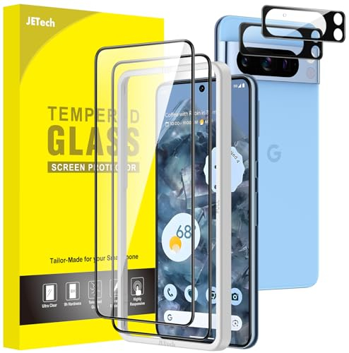 JETech Full Screen Schutzfolie für Google Pixel 8 Pro mit Kameraschutz, Gehärtetes Glas Displayschutz, Einfache Installationswerkzeug, Fingerabdruck-ID kompatibel, HD Klar, 2 Stück Jeweils