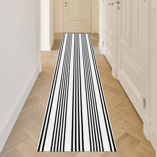 Aoczes Teppich Läufer Flur Lang 60x240 cm Waschbarer Gestreifter Teppich Schwarz Weiß Küchenläufer Kurzflor Läufer Gegend Teppich Baumwolle Gewebt Türmatte Läufer für Eingang Schlafzimmer Wohnzimmer