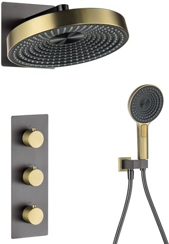 LNXGJJ Colonne de Douche Thermostatique, Gris Pistolet et Or Brossé Colonne Douche Encastrable 2 Fonctions Ensemble de Douche Mural Kit de Douche avec Pommeau de Douche et Douchette