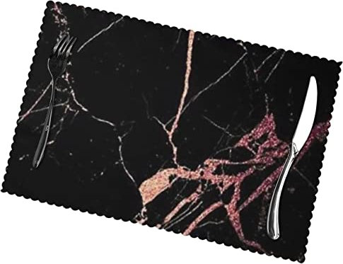 Black Rose Gold Marble Placemats Set Of 6, Non-Slip Heat Resistant Dining Table Mats, Table Placemats (45x30cm, Pack Of 6)