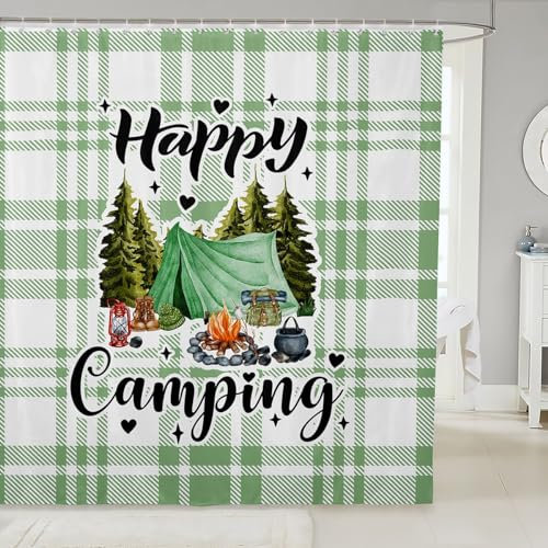 feelingyou Happy Camping - Cortina de ducha para cámper, juego de cortina de ducha para niños y adultos, rayas verdes, cortina de baño, hoguera, cortinas impermeables para decoración de habitación, 72
