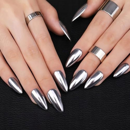 U-Shinein Press On Nails, Mirror Fake Nails, Oval False Nails, Super Metallic Luster Full Cover Nail Art Stick-On Nails, Festival Nail Gift for Women Girl, 07 Sliver