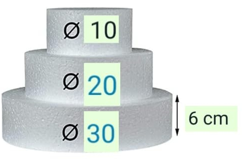 Torta Finta a 3 Piani in Polistirolo - Base per Torte Decorative Compleanno, Matrimonio, Eventi - Diametro 30, 20, 10 cm, Altezza 6 o 10 cm per Piano