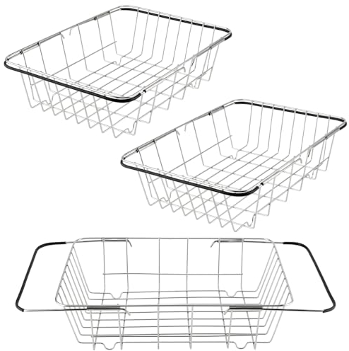 MUKLEI 3 Pack Chest Freezer Organizer, Metal Wire Storage Basket, Sink Dish Drying Rack with Non-Slip and Expandable Handler for Home Kitchen, Cabinets