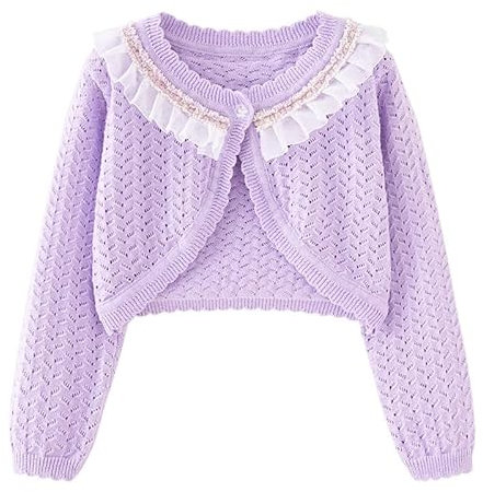Cardigan bolero bambina a maniche lunghe con pizzo top matrimonio comunione cardigan, Lilla, 100 cm