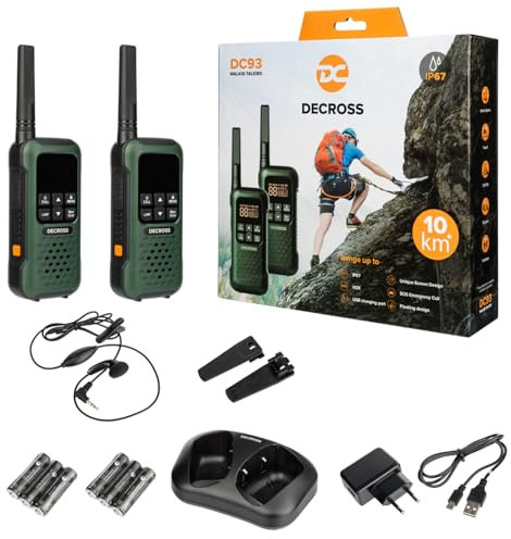 DC DECROSS 93 Walkie Talkie, Woki Toki Radio Professionali fino a 10 km, PMR 446 16 canali, VOX, torcia, IP67, resistente alle intemperie, vivavoce, auricolari, batteria ricaricabile (2 pezzi)