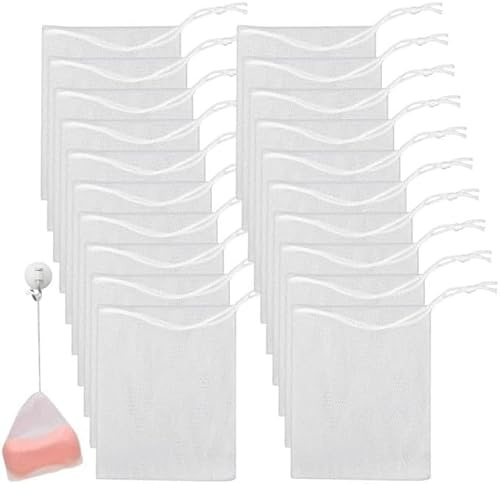 20 Stück weiße Peeling-Netz-Seifenbeutel, Netz-Seifenbeutel, Seife, handgefertigte Seifenblasen-Netzbeutel mit Kordelzug, Netz, Schaumnetz, Seifensack für Bad und Badzubehör
