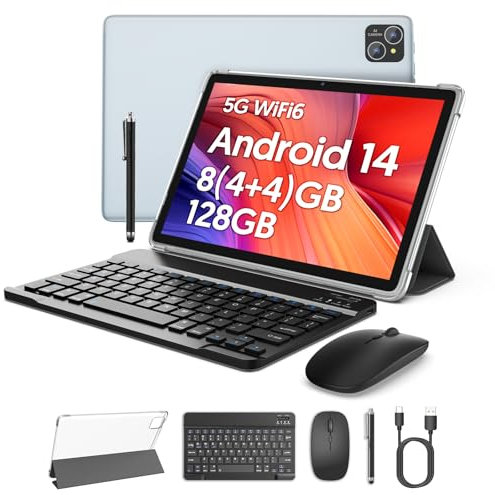 BAKEN Tablette Android 14 avec clavier, 10,1 pouces, 128 Go de ROM+ 8 Go de RAM, batterie 8000 mAh, octa-core, double caméra 2 MP + 8 MP, WiFi 5G (gris)