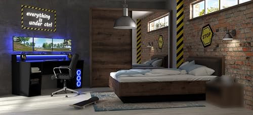 Jugendzimmer Tezaur Jacky - Gaming Zimmer Komplett Set, in Schlammeiche- Schwarzeiche, Matratze & Lattenrost optional - Verschiedene Set Varianten (3 teilig mit Gaming Tisch)