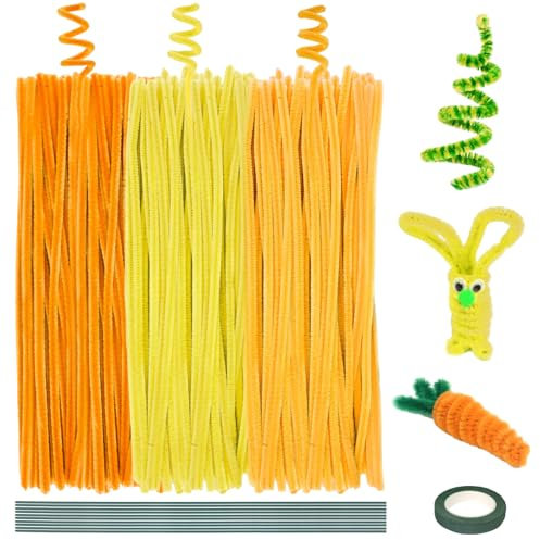 Deepton 300 Stück Pfeifenreiniger, 3 Verschiedene Gelb Pfeifenputzer, Chenilledraht Pfeiffendraht, 30cm x 6mm Biegeplüsch Basteldraht mit 10 Eisen-Draht und 1 Band für DIY Bastelprojekte