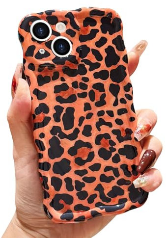 LAPOPNUT For iPhone 15 Case,Animal Print Curly Wave Frame Soft TPU Case for Women Girls,Shockproof Protection Cool Leopard Pattern Phone Cover for Apple iPhone 15 6.1,Brown