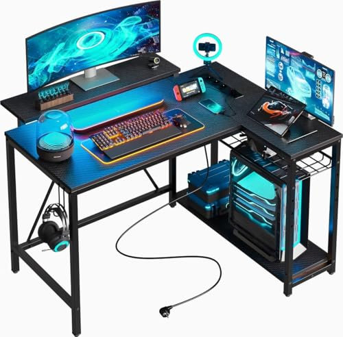 Five Stars® L-förmiger Gaming Schreibtisch - Computertisch - 107x80x76 cm - Gaming-Schreibtisch mit LED-Beleuchtung - Eckschreibtisch - Schwarz Carbon