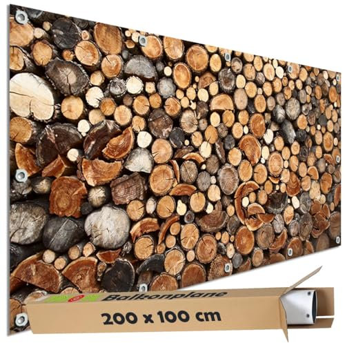 TRIOSK Sichtschutz Balkon Deko Plane Balkonblende Blickdicht mit Motiv Holz Stapel Baumstämme für Garten Terrasse Gartenzaun Balkonverkleidung Blickschutz PVC groß 200x100 cm