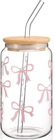 Hejo Bow Glass Cups with Lids and Straws,500ml Leak-Proof Iced Coffee Cup with Pink Stuff,Cute Matcha Glass Tumbler with Straw and Lid,Elegant Bubble Tea Cup for Coffee,Milk,Cocktail,Smoothie