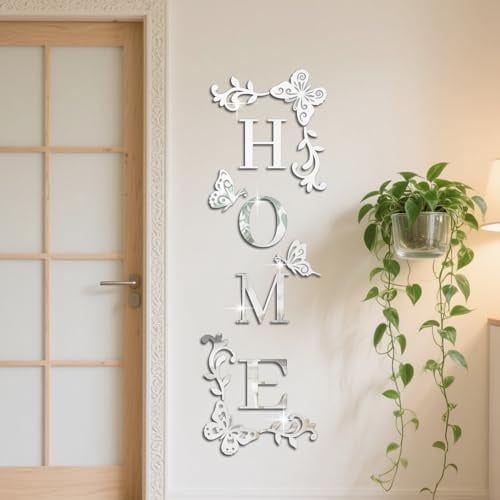 GLOBLELAND Silber „Home“ 3D Acryl Spiegel Wandaufkleber Für Wohnzimmer 47.99x15.27 Zoll Schmetterlingsranken Selbstklebende Flexibler Spiegel Wandaufkleber Wandbilder Für Schlafzimmer Küchen