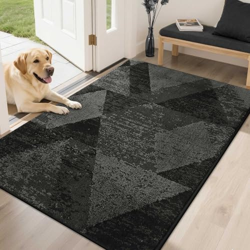 COSY HOMEER Fußmatte innen 80 x 120 cm, Karomuster Dunkelgrau | Grau-schwarzes Rauten-Karomuster, waschbar und rutschfest, saugfähiges Polyester, für Flur und Haustür