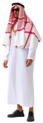 Velcoxplay 7Pcs Scheich Kostüm Herren Erwachsene Araber Kostüm, Aarabische Kleidung Herren, Kostüm Sultan mit Kopftuch, Sonnenbrille, Gewand, Finger Ring, Halsketten für Karneval